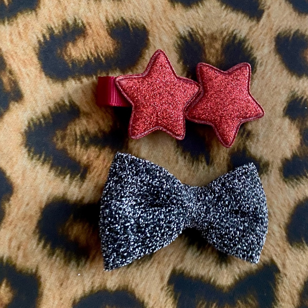 Red Glitter Stars and Black and Silver Shimmer Hair Bow Hair Clips - Picture 6 of 7